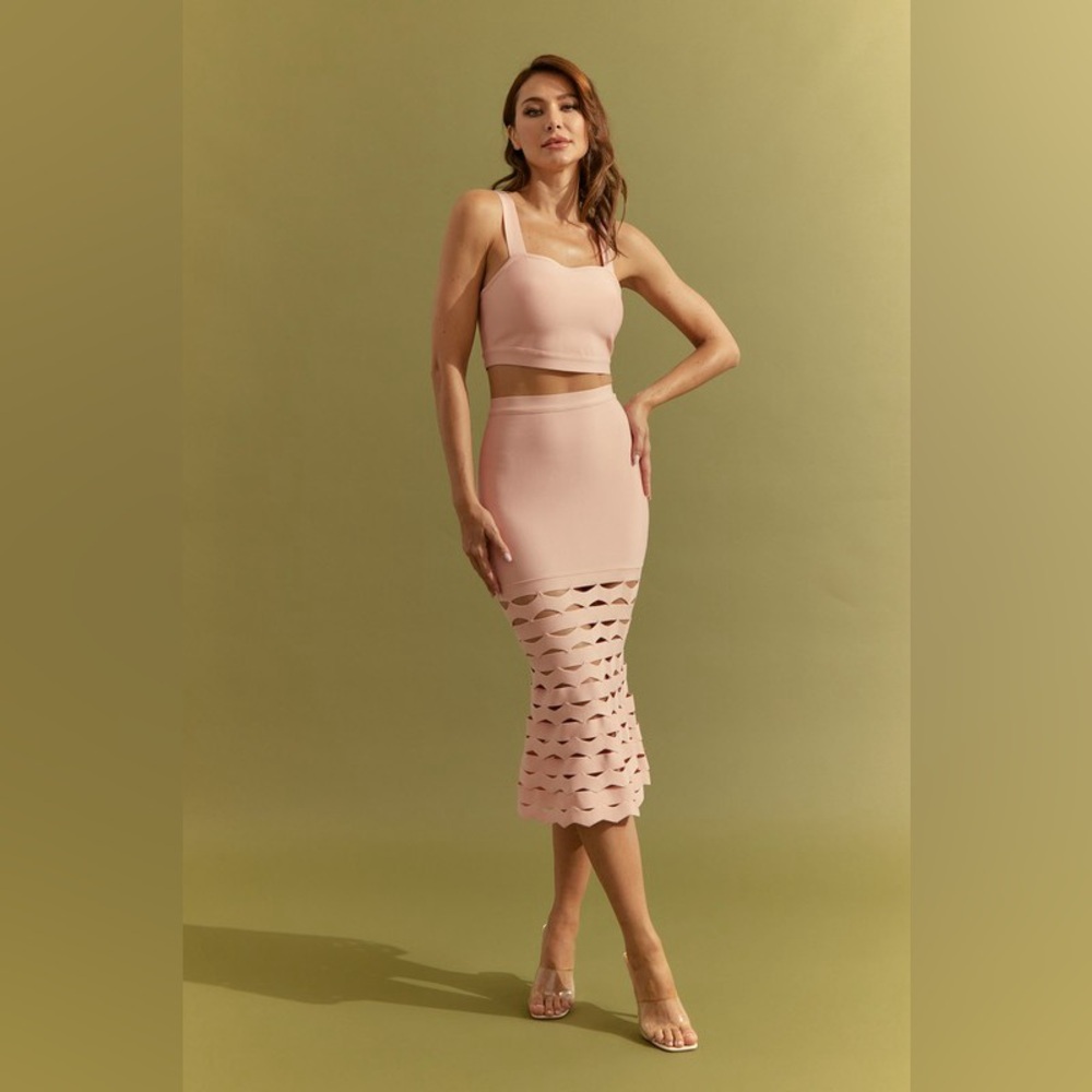 27. Bandage Crop Top and Cutout Midi Skirt Set in Light Pink